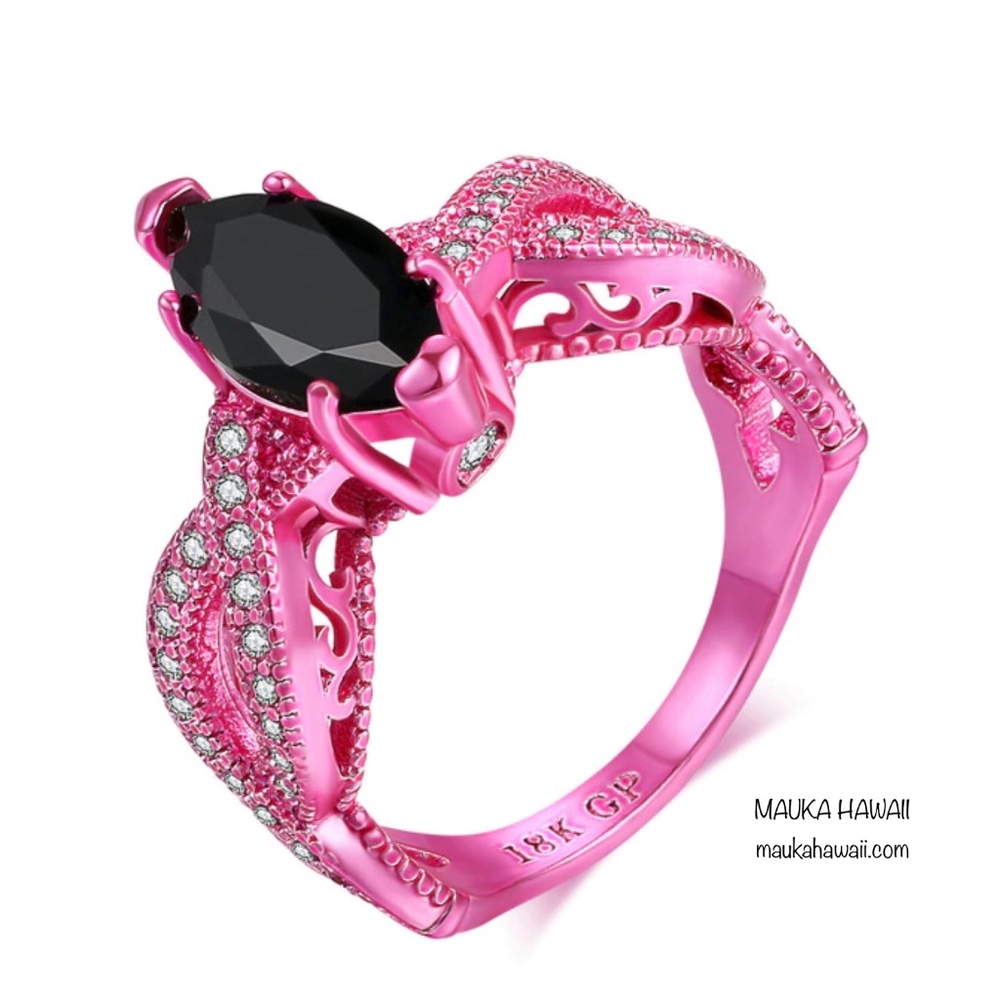 Black & Pink Cubic Zirconia Marquise Cut Modern Retro Vintage Ring Size 9